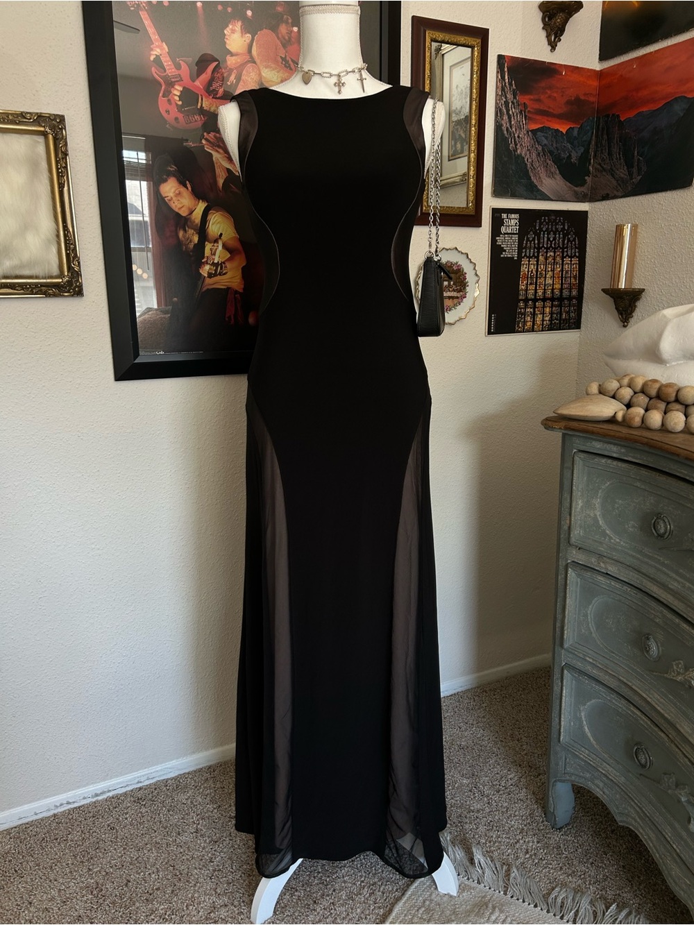 Vintage Black Evening Gown Size 12 Panel Contour Lined Nude Mesh Formal Maxi Y2K